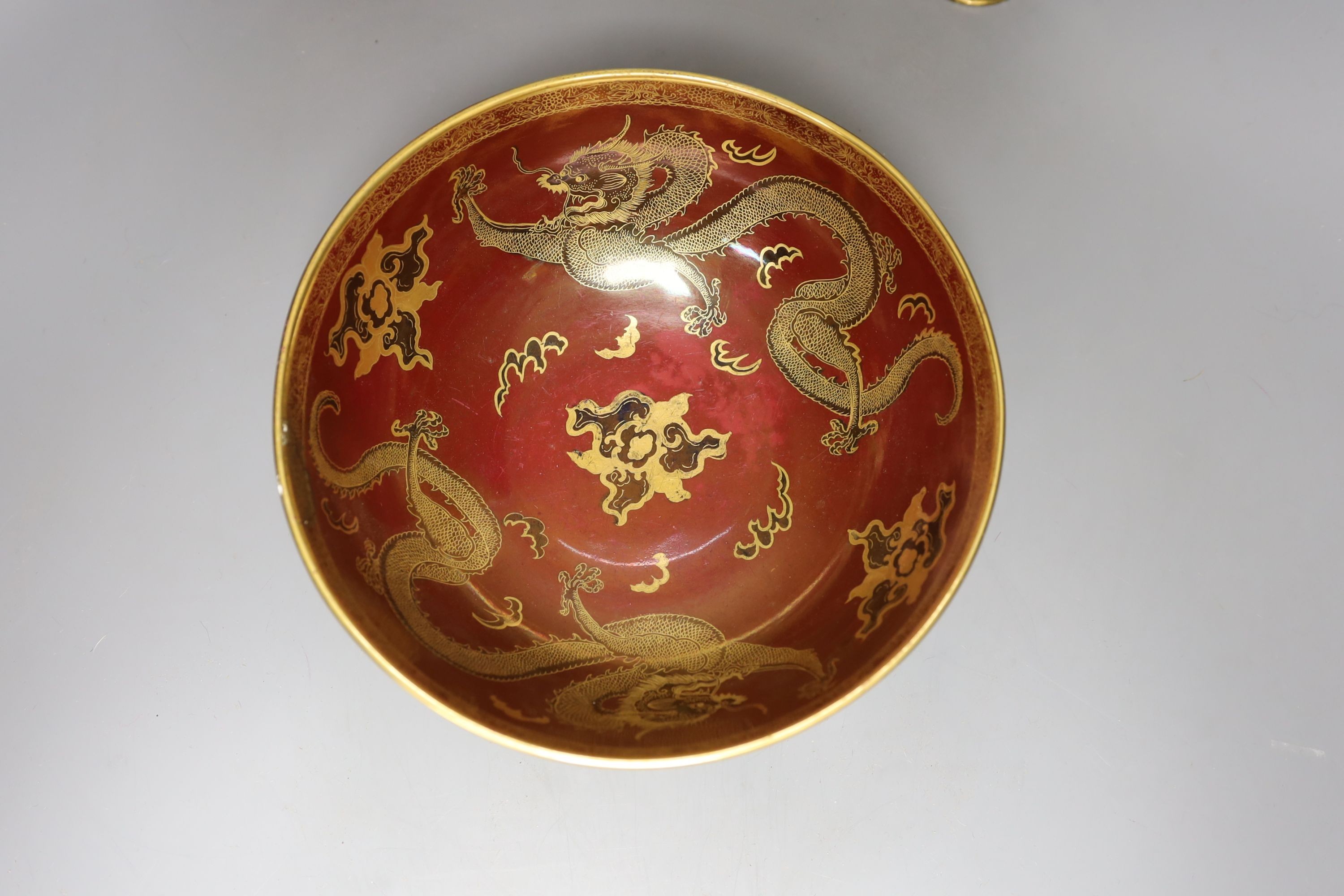 Carlton ware chinoiserie lustre red ground dragon bowl, Rouge Royale vase and similar jar and cover (3) bowl diameter 23.5cm